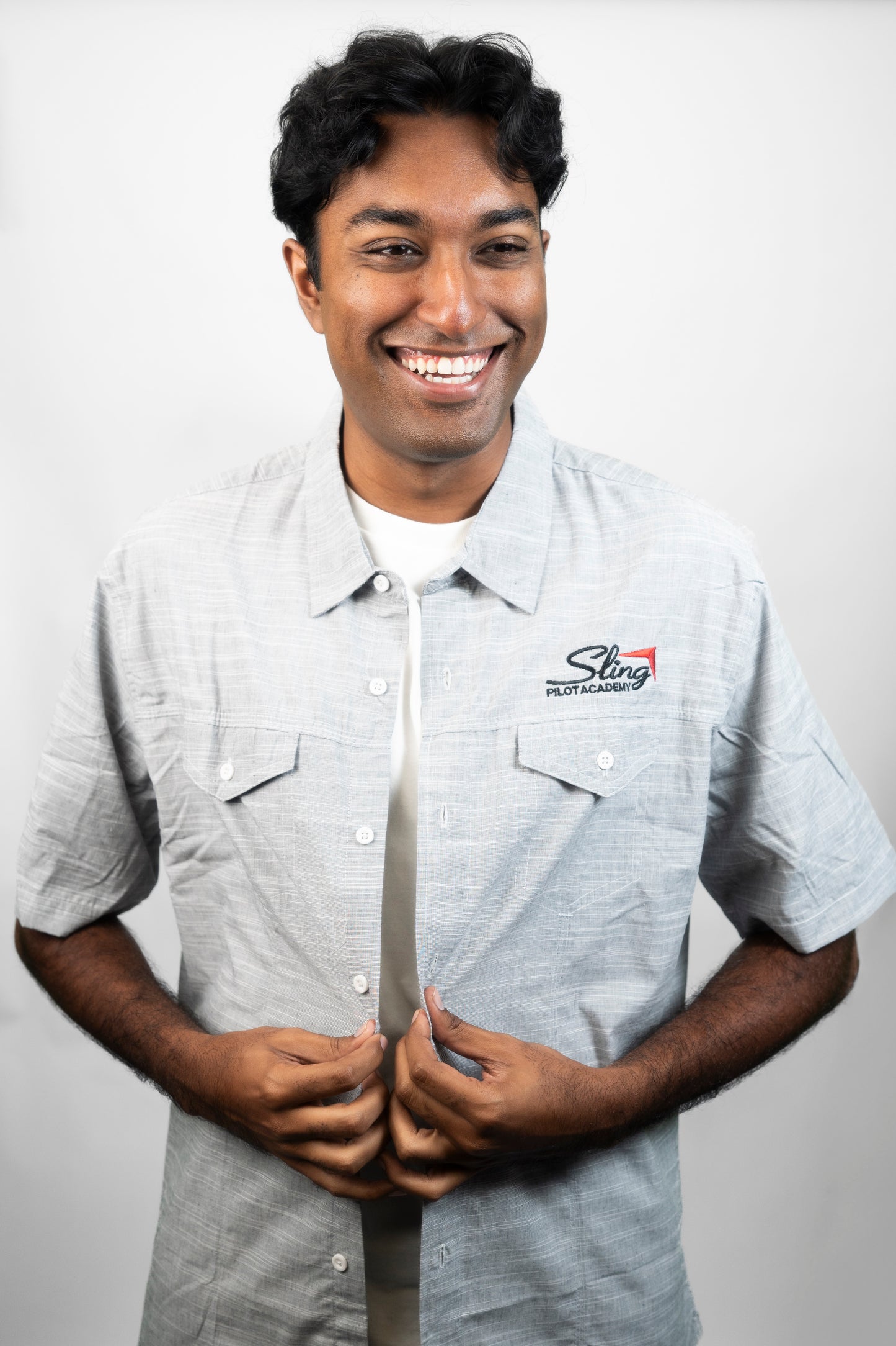 Sling Pilot Academy Cotton Button Up Short Sleeve Shirt - Grey